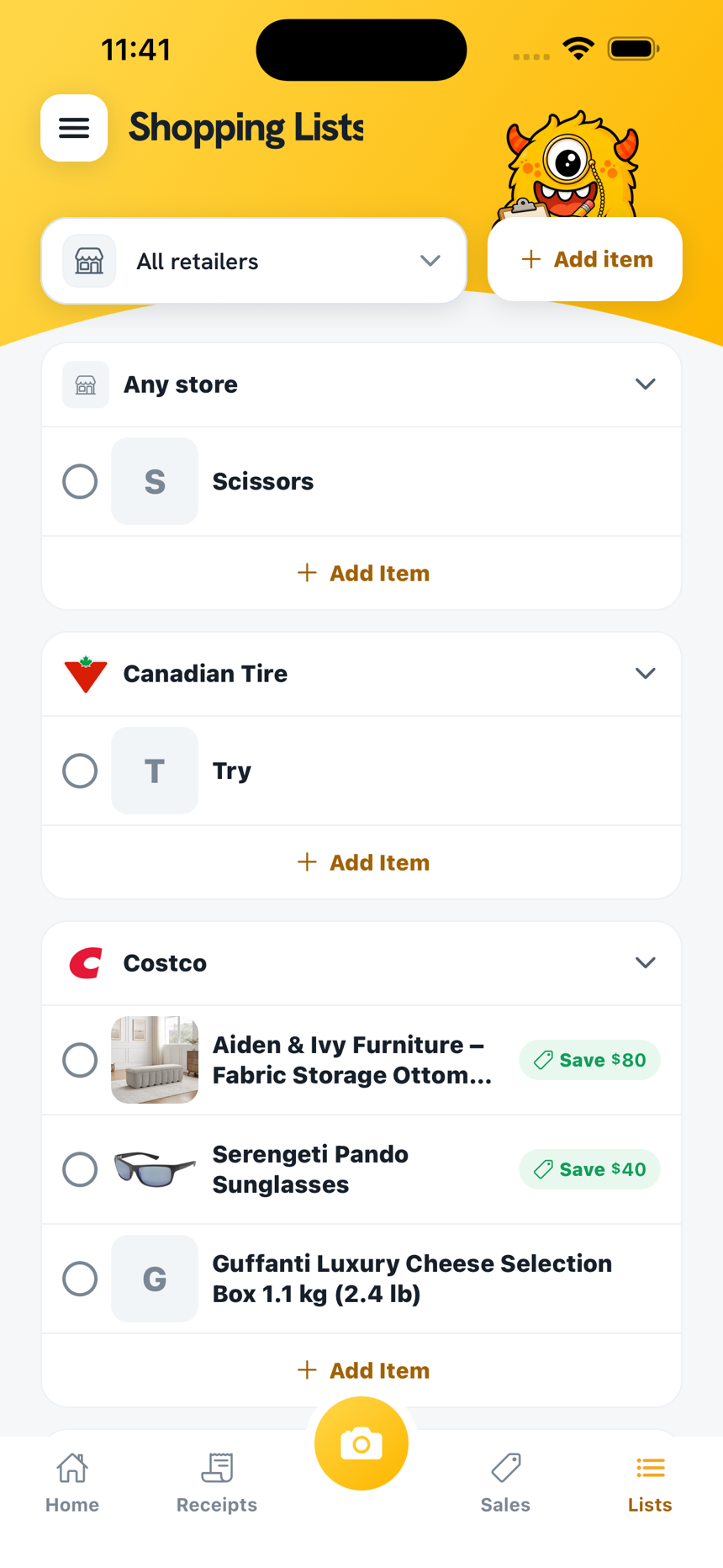 Mone$ter Lists screen with tracked products by retailer