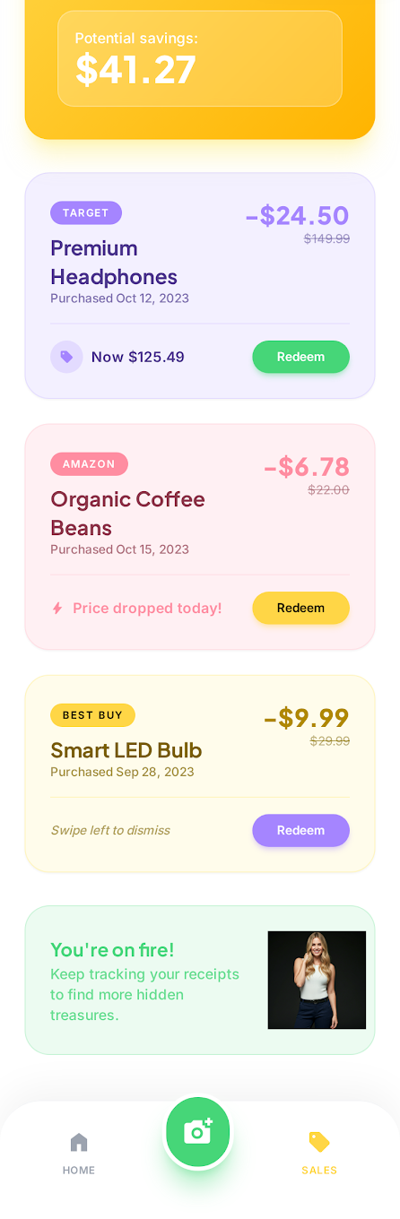 Mone$ter app showing tracked receipts and price-drop refunds