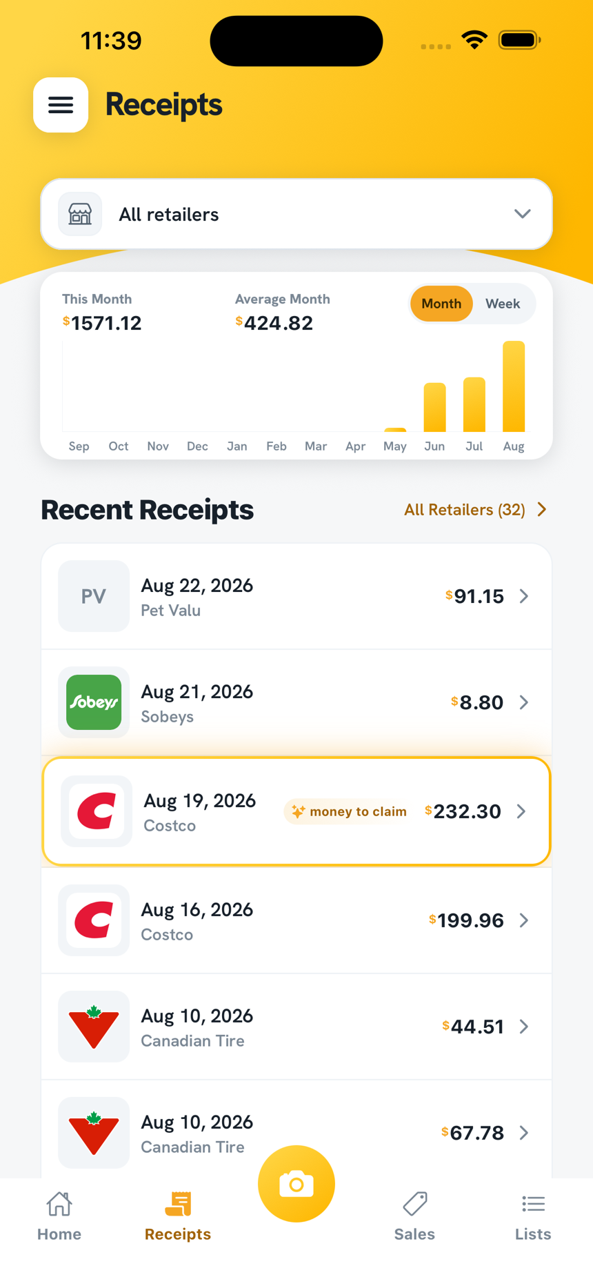 Mone$ter Receipts screen with spending chart and recent receipts