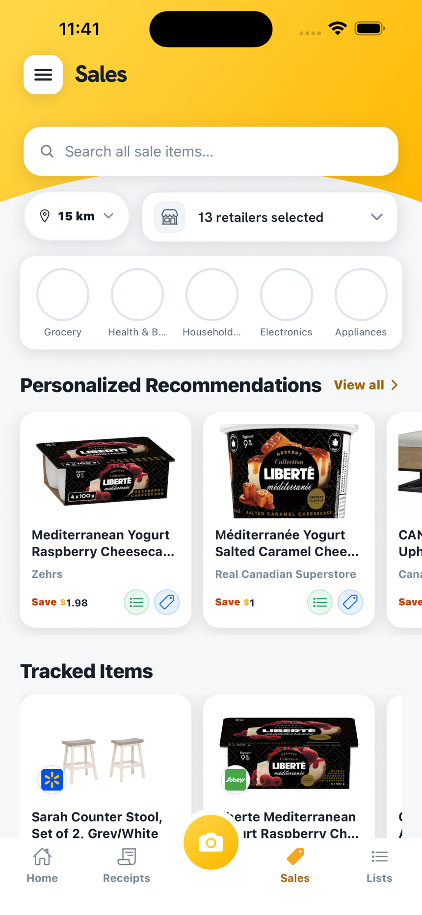Mone$ter Sales screen with personalized sale recommendations